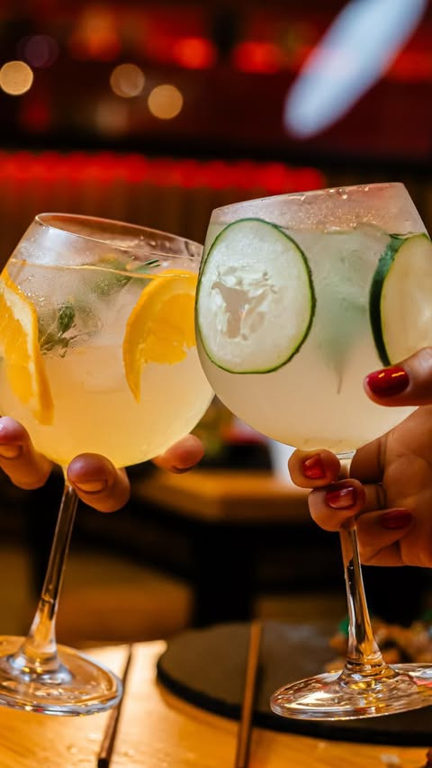 Dos bebidas frías en copa con limón y pepino