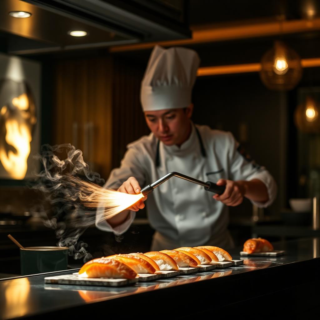 Chef flameando nigiri con soplete